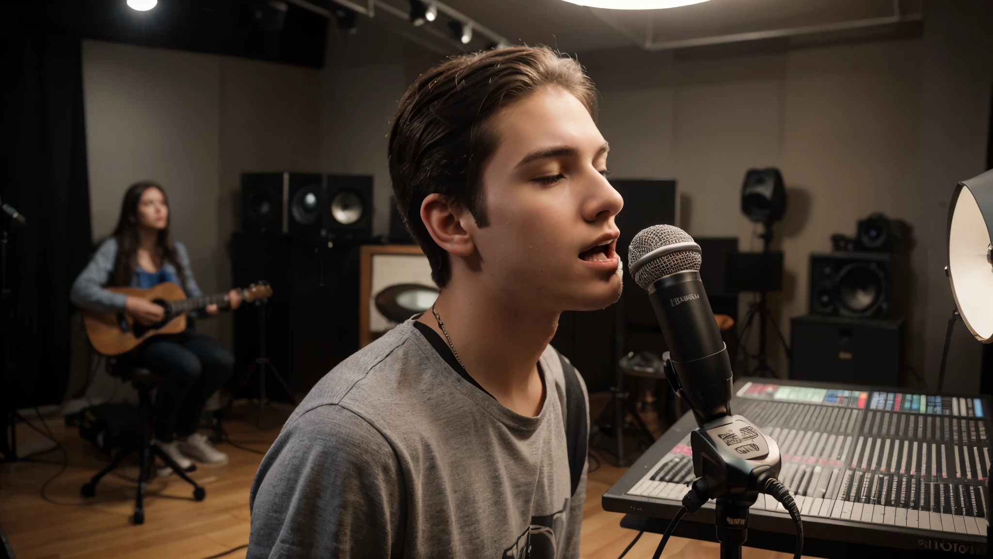 Create a high-resolution image of the narrator in the studio using a microphone. Highlight details of the studio, such as recording equipment, lighting, and acoustics, and capture the narrator's focused and engaging expression as he speaks into the microphone. Photography, DSLR camera with standard lens, soft lighting, 20 year old young man, close eyes,