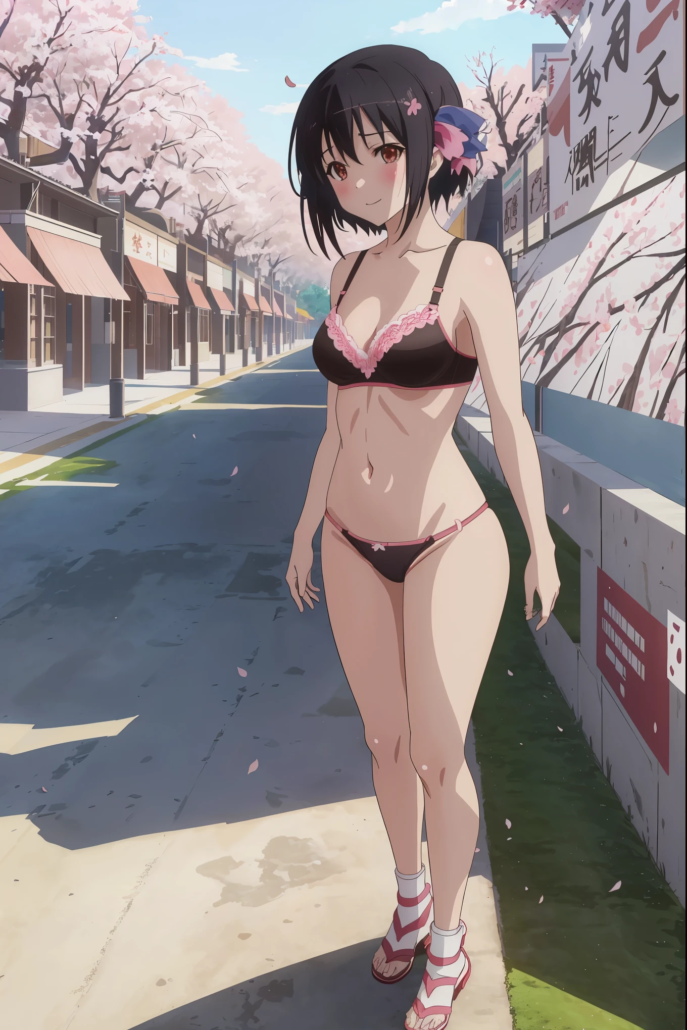 [[anime styled]],[[digitalart]],NSFW,1girl in,(Portrait),face focus/close up,park,(many cherry blossoms),Cherry blossoms are in full bloom,Cherry blossom petals dance and are scattered,strong windy,(hold the hair),standing,Tomomi_Xijing,black hair,hair ribbon, Short hair,(nude),(black bra,bra strap),(black panties),shoes,medium build,perfect anatomy,Smile,blush,best quality,master piece,Perfect Lighting,(strong light),((brighten the subject)),oily skin,cury:1.2,,Best Quality,anime screen cap,Flat color,cel shading,Panties,short torso,,