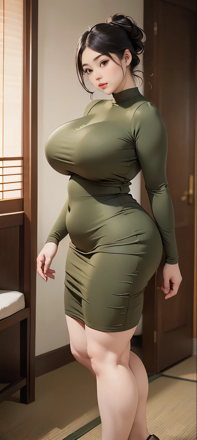 (Masterpiece,High Quality:1.3),(depth of field:1.3) ,((front body:1.35)),  Japanese ,Woman,chignon, Long Sleeve Round neck ,khaki T-shirt Maxi ((Tight)) Dress,(huge breasts:1.35),chubby,(looking at viewer:1.3),(full body:1.2), fat cheeks , UNO KANATANI 