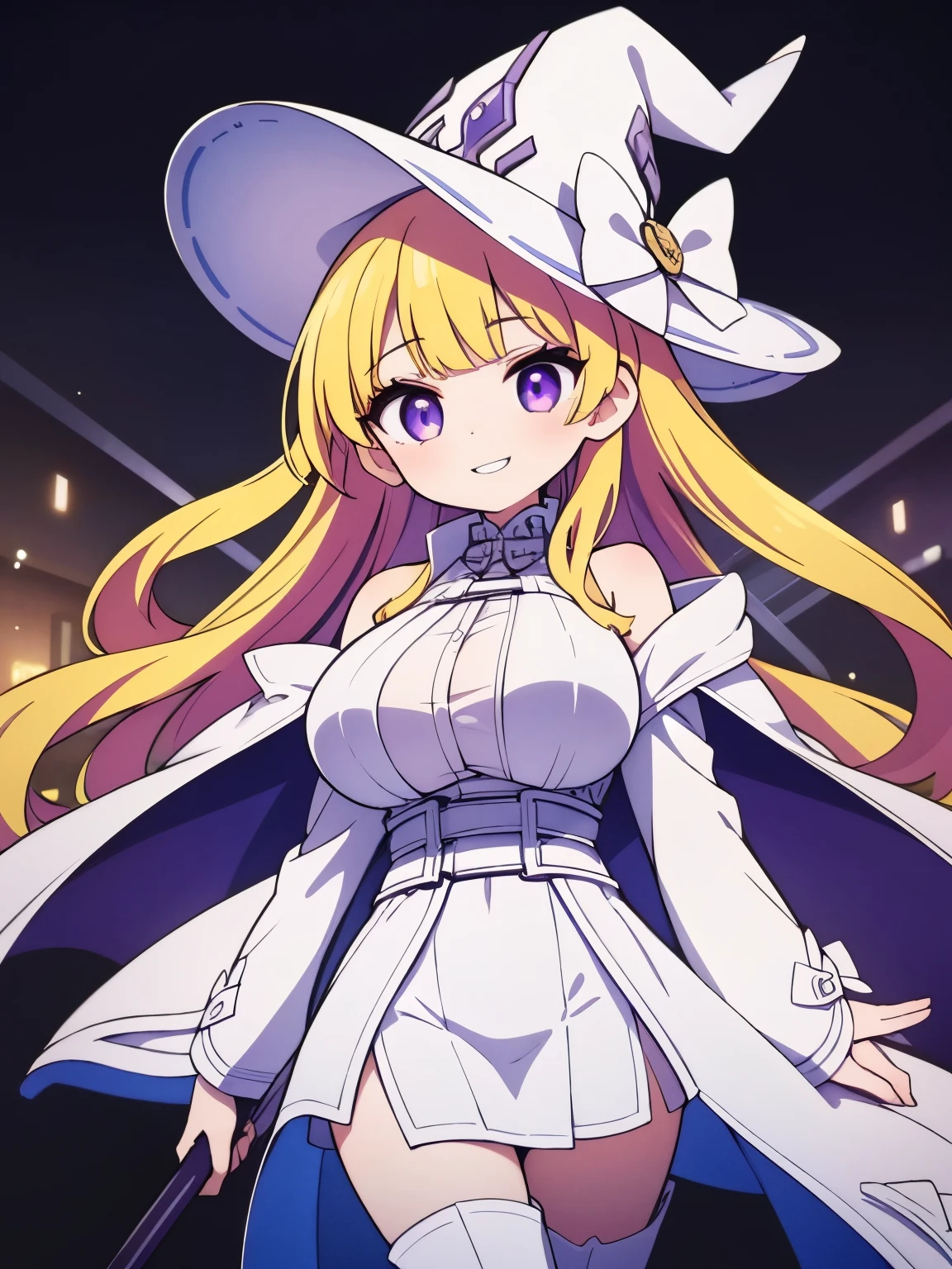 (8k, highest quality, masterpiece:1.2),High quality CG Unity 8k Large file size,Very detailed,High resolution,Beautiful Eyes,Ray Tracing,Dramatic Shadows,finely,Hyper Detail,(1 girl), Two-dimensional woman、


diabellze, purple eyes, blonde hair, purple hair, multicolored hair, white witch hat, white coat, white bodysuit, multiple belts, 
thigh boots, 
grin, 

skirt, 
large breast, 
(low length), 