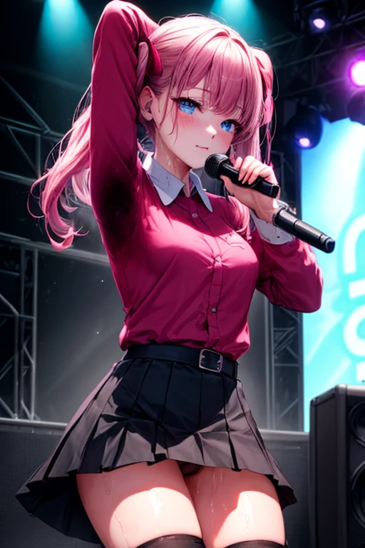 NSFW、8G、highest quality、Highest quality、Real、masterpiece、Mine system、(((Black and pink hair)))、((Knee socks))、(((Two Girls)))、Pink Shirt、Black Skirt、((Twin tails))、(((Idol Group)))、(((stage)))、(((concert)))、No underwear、No bra、(((Sweat)))、(((Body odor)))