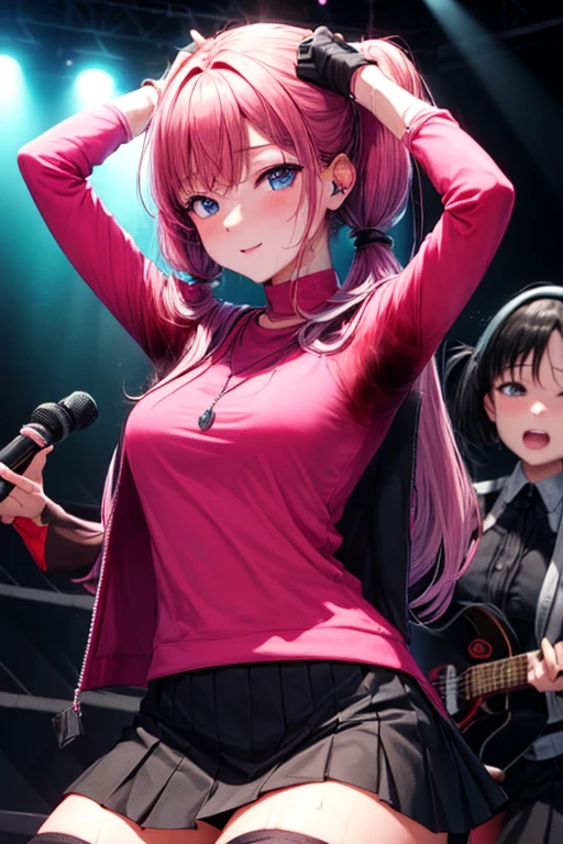 NSFW、8G、highest quality、Highest quality、Real、masterpiece、Mine system、(((Black and pink hair)))、((Knee socks))、(((Two Girls)))、Pink Shirt、Black Skirt、((Twin tails))、(((Idol Group)))、(((stage)))、(((concert)))、No underwear、No bra、(((Sweat)))、(((Body odor)))