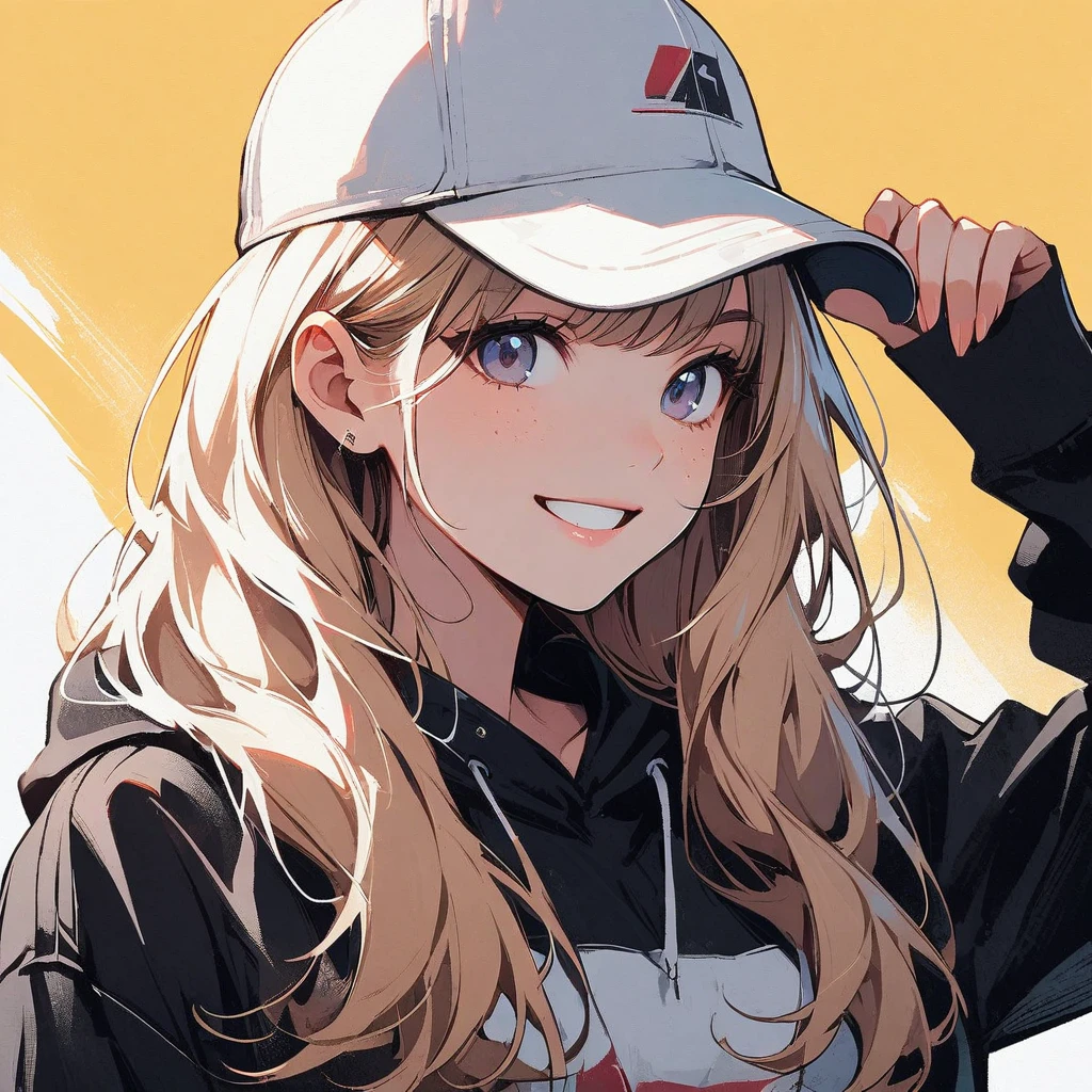 Blonde girl, smiling, silver eyes, freckles, baseball cap