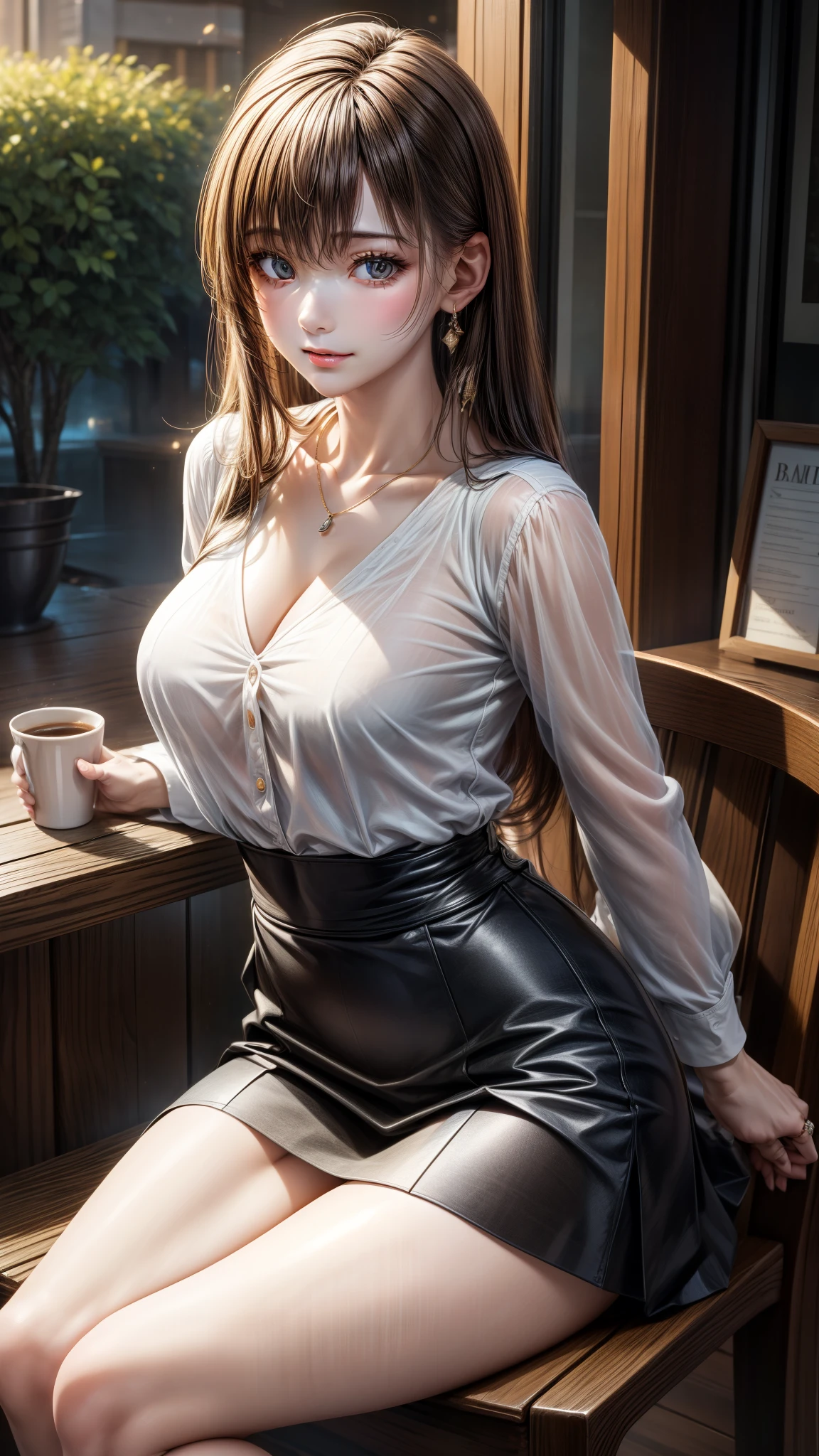 8K quality、High definition、Realistic skin texture、High definitionの瞳、Man sitting、A female cafe owner seduces a male customer、Brown long hair、、Ring piercing of the earlobe、Neat blouse、Neat skirt、Beautiful legs、Beautiful thighs、Dignified face、slender、Model Body Type、Ripe body、Neat 30 year old woman、Flip-up skirt、Bare buttocks、Exposed genitals