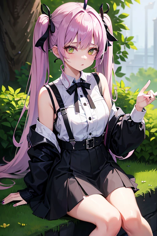 Slightly light purple hair、Has bangs and antennae、Two cross hairpins on the right、Two hairpins on the left、Tied with a thin black ribbon、Twin tails up to the waist、Tree Eyes、Yellow-green eyes、Satanic、Alternating pink and yellow nails、Three inner conchs and one tragus in the right ear、One industrial crossed with two inner conches on the left ear、I feel a bit provocative、Her outfit is a white blouse with a thin black ribbon.、A black skirt with suspenders that reaches above the knee、belt、A grey cardigan hanging from the shoulders with three thin black ribbons on the sides