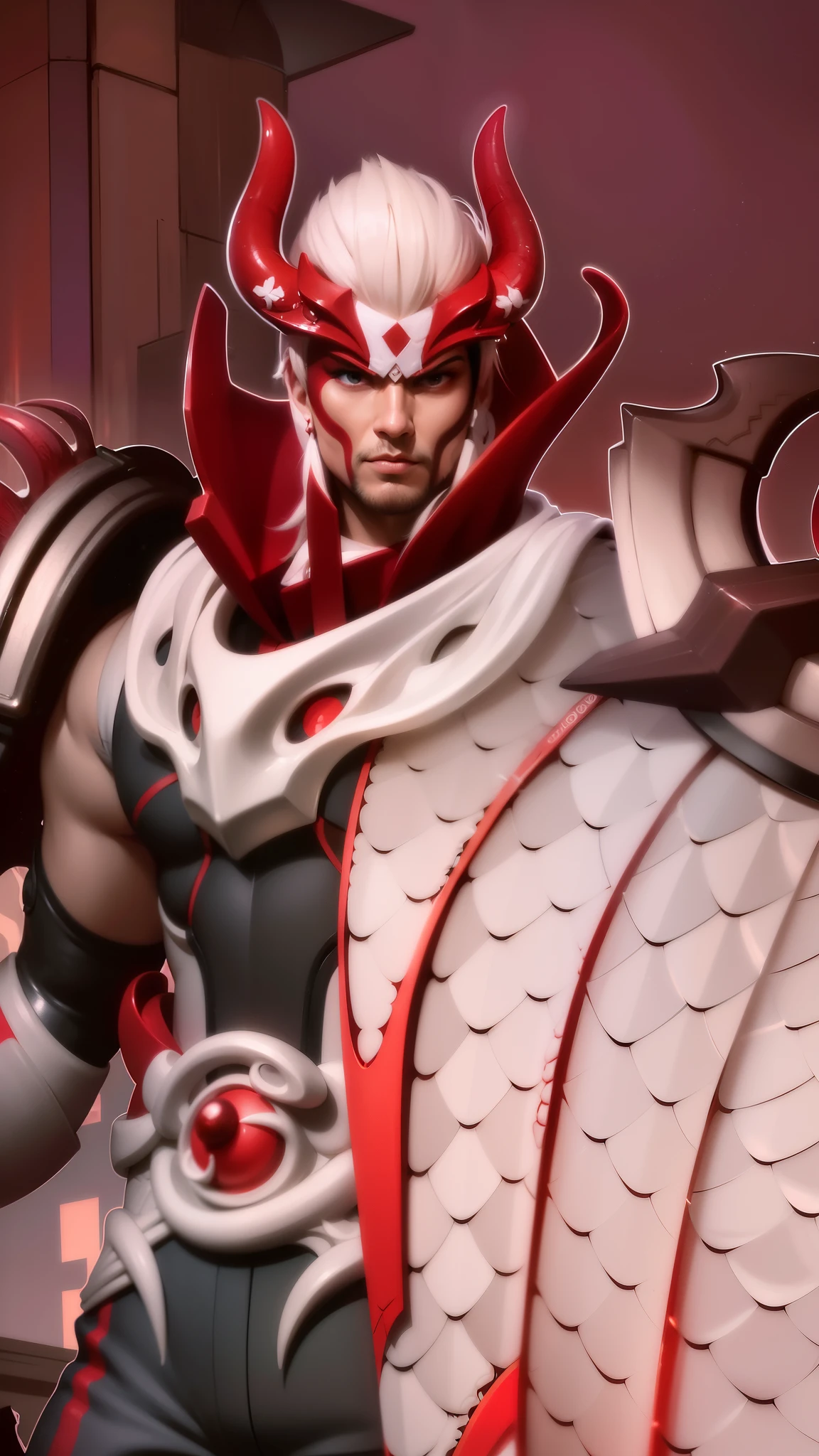 a close up of a man with a red and white costume on, onmyoji portrait, dota 2 concept art, painted portrait of mordekaiser, onmyoji detailed art, inspired by Huang Shen, dota character, dota 2 hero, hero from dota 2, onmyoji, 8k hd wallpaperjpeg artifact, 8 k hd wallpaperjpeg artifact, Best quality, masterpiece, detailed skin texture, detailed clothes texture, detailed face, super detail, 8k, intricate detail, 1 boy, The color doesn't change, Muscle guy, 1 guy, red eyes.