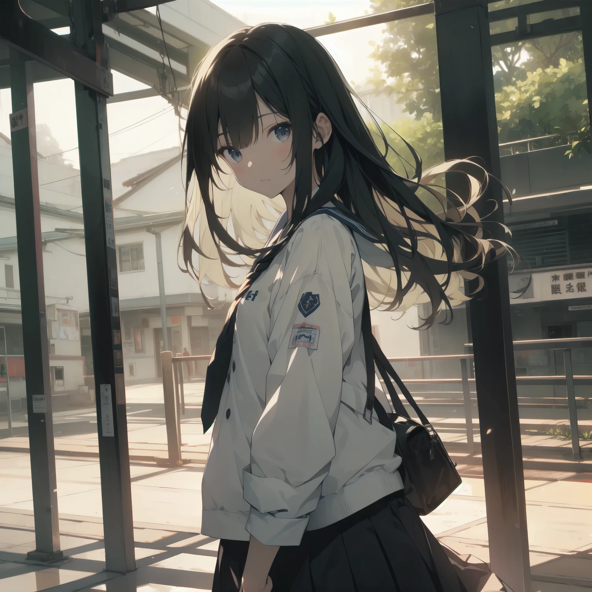 ultra-absurdres-Top quality by artist God, ultra-detailed, high resolution, anime moe artstyle, best anime 8k konachan wallpaper, pixiv contest winner, pool:2810, perfect anatomy,break, 1girl, (Please draw a girl walking to school alone. )break,(Solo,little female, 13-year-old:1.3),Full limbs, complete fingers,a junior high school student, (very short hair), short cut, flat chest, , small butt, small black eyes, beautiful detailed eyes, well-proportioned iris and pupils, expressive eyes, highres detailed hair, soft expression, school_uniform, serahuku, neckerchief, shirt, short sleeves, pleated skirt,(Detailed Lighting), (Detailed background), in the School commute route. break,super detailed skin, Best cinematic lighting powered by famous artist, 8k,beauty illustration,photoshop_(medium),very aesthetic,break,((artist:misekai_555 )), artist:bolze ,artist:oyari ashito ,artist:kantoku ,