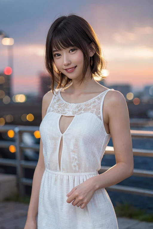 (8k、RAW Photos、highest quality、masterpiece:1.2)、(Realistic、Realistic:1.37)、Very detailed、超A high resolution、1 girl、View audience、Beautifully detailed face、Laughter、narrow、(Tight waist) :1.3)、Transparent white night dress、Open chest、beautifully detailed skin、Skin Texture、Floated hair、Professional Lighting、Grey Hair、Spring cityscape、A kind smile