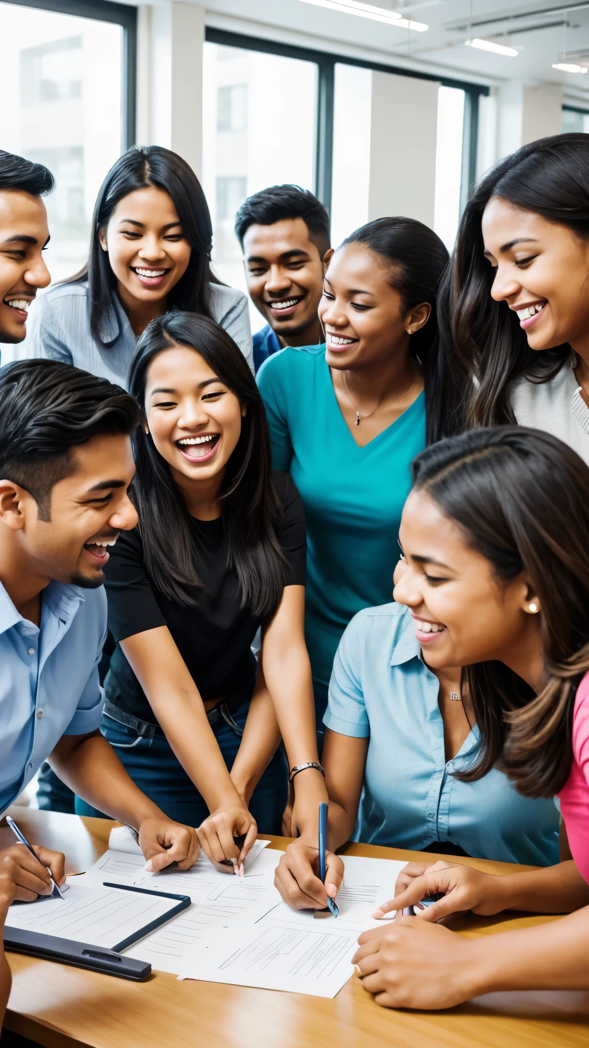 an image capturing a group of diverse and enthusiastic team members gathered in a collaborative workspace, engaged in a brainstorming session or team-building activity. Capture genuine smiles and camaraderie to convey the vibrant company culture."
