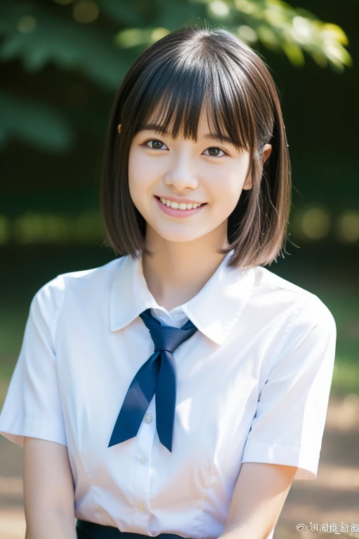 Japanese High School Girl、Meeting in the park、A cute smile like an idol, 17 years old、Have arms crossed、1 girl,, (highest quality, Realistic, High resolution, 8k, Very detailed, Detailed face, Shiny skin), Japanese , Collared shirt, White shirt, Ribbon tie, Black Hair, ragged bangs, short hair,