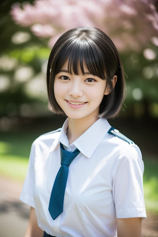 Japanese High School Girl、Meeting in the park、A cute smile like an idol, 、Have arms crossed、1 girl,, (highest quality, Realistic, High resolution, 8k, Very detailed, Detailed face, Shiny skin), Japanese , Collared shirt, White shirt, Ribbon tie, Black Hair, ragged bangs, short hair,