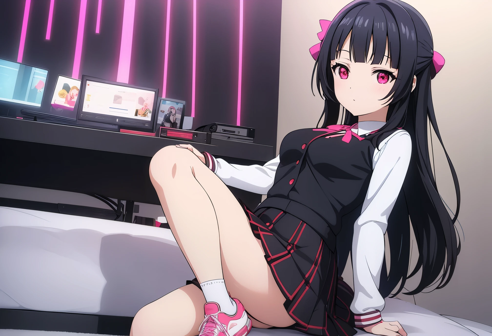 beautiful girl incredible quality 4k vtuber with red eyes black hair con cinta rosa Short pleated skirt long sleeve sailor style blouse long white stockings pink tennis shoes with black vtuber youtuber en habitación estudio de grabacion pc gamer de fondoi con micrófono y luces LED rgb cyberpunk NSFW