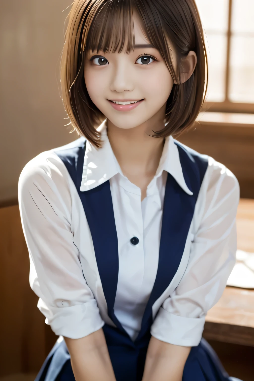 (masterpiece,highest quality,超A high resolution),Japanese women, (((Very cute 16 year old girl))), View the photographer, Front view, ((Bobcut)), Super cute face, Glossy lips, Double eyelids on both eyes, Focus your eyes, Natural Makeup, bangs, Shiny and smooth light brown wavy hair, (((Upper body close-up))), Large Breasts, Perfect limbs, Perfect Anatomy, (((One piece high school uniform:1.3))), ((Smile)), Night room, (Show off your slim thighs:1.3), ((Include the whole face and focus on the chest:1.2)), View your viewers, (Strike a cute pose:1.4), Perfect and natural fingers,
