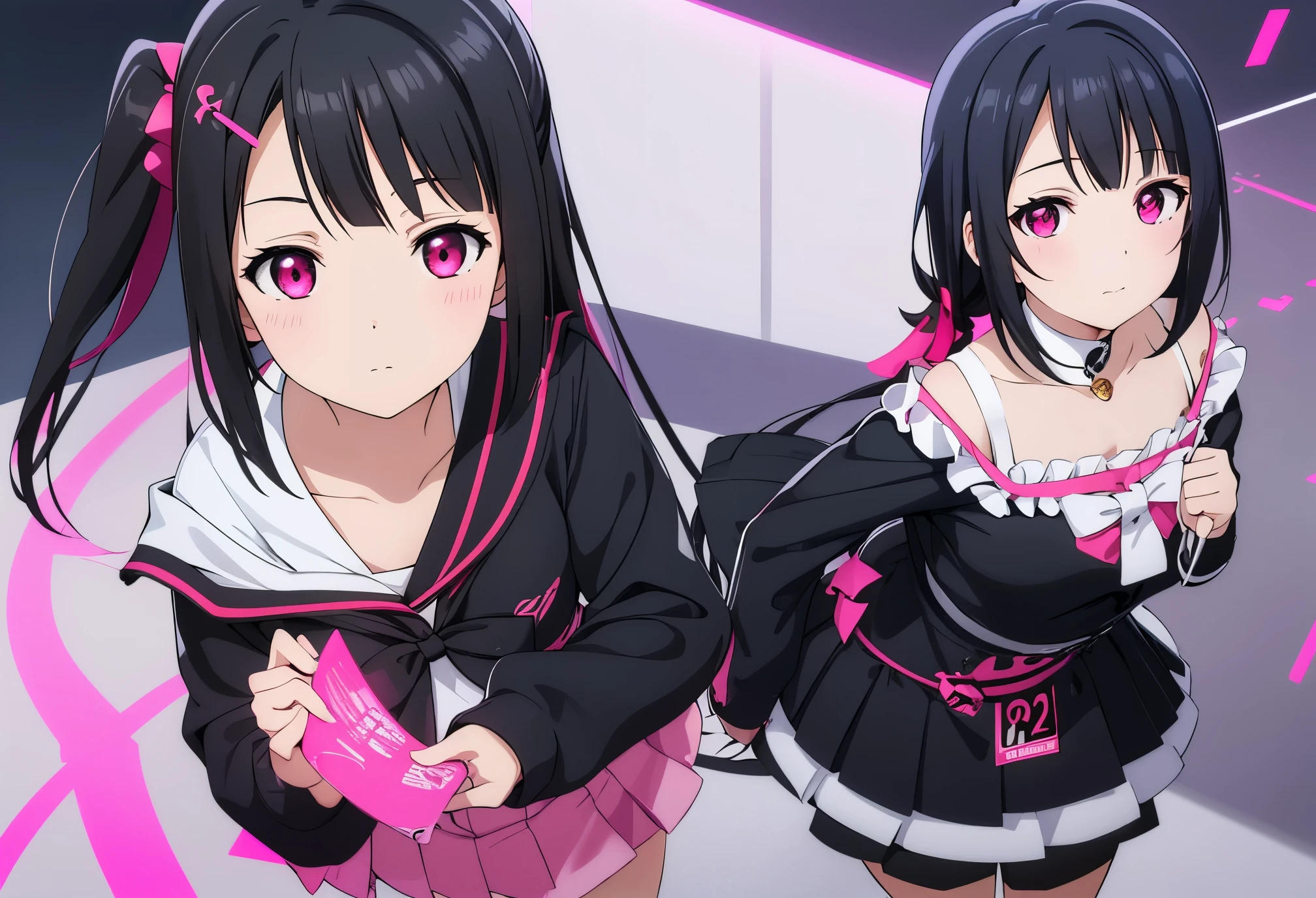 beautiful girl incredible quality 4k vtuber with red eyes black hair con cinta rosa Short pleated skirt long sleeve sailor style blouse long white stockings pink tennis shoes with black vtuber youtuber en habitación estudio de grabacion pc gamer de fondoi con micrófono y luces LED rgb cyberpunk NSFW