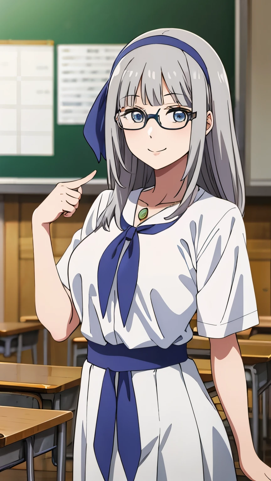 masterpiece, highest quality, Mylene HFV4, One girl, alone,Silver Hair,Adult Style, Large medium breasts ,jewelry, hair band, blue hair band,female teacher,White shirt, Tight Skirt, Glasses, classroom, smile,  Anime Coloring, Cowboy Shot,