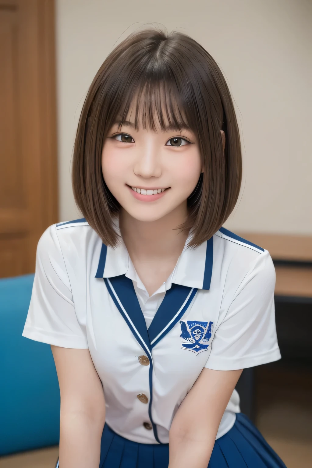 (masterpiece,highest quality,超A high resolution),Japanese women, (((Very cute 16 year old girl))), View the photographer, Front view, ((Bobcut)), Super cute face, Glossy lips, Double eyelids on both eyes, Focus your eyes, Natural Makeup, bangs, Shiny and smooth light brown wavy hair, (((Upper body close-up))), Large Breasts, Perfect limbs, Perfect Anatomy, (((One piece high school uniform:1.3))), ((Smile)), Night room, (Show off your slim thighs:1.3), ((Include the whole face and focus on the chest:1.2)), View your viewers, (Strike a cute pose:1.4), Perfect and natural fingers,