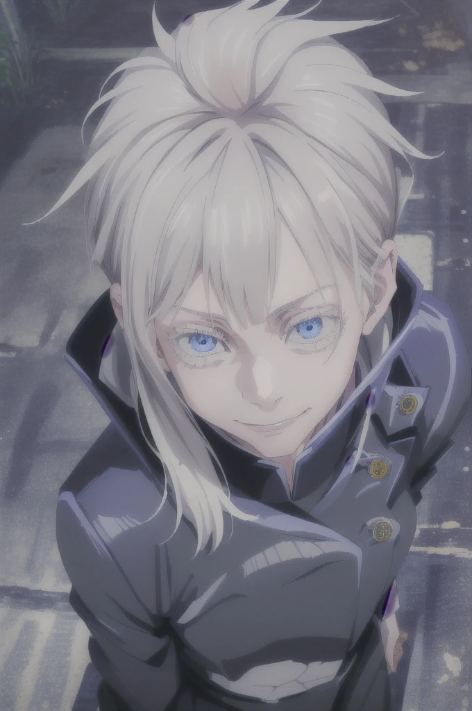 (masterpiece), (best quality), (ultra-detailed), (best illustration), (best shadow), (absurdres), long hair, white hair, ((blue eyes)), , 1girl, solo, jacket, bangs, gakuran, smile, long sleeves, looking at viewer, upper body,