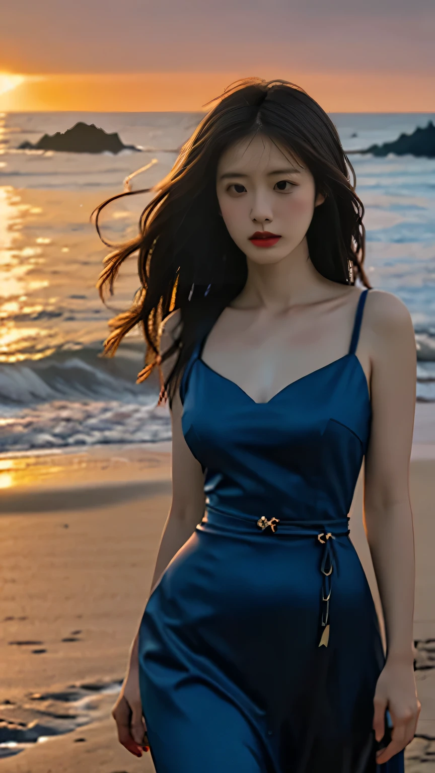 A young woman standing alone on a desolate beach at dusk, her silhouette backlit by the last rays of the setting sun, with the dark waves crashing behind her. The image should be in a dark color palette, predominantly featuring shades of deep blue and black, to convey a sense of sorrow and solitude. The woman should be depicted from behind, her figure slightly hunched, suggesting a posture of introspection and heartache. The sea breeze should be visible, gently lifting her hair, adding a dynamic element to the otherwise still scene. The overall mood should be melancholic yet beautiful, capturing the essence of a heartbroken soul finding strength in solitude, black long hair, perfect figure, full and straight chest, model figure, curvaceous figure, perfect body proportions, ample bosom, big , slim waist, slender legs, elegant posture, exquisitely detailed skin, natural skin texture, extremely realistic skin texture, meticulous clothing details,
realistic, Cold light, volumetric lighting, the Tyndall effect, volumetric lighting, high-end photo shoots, Depth of Field, masterpiece, RAW photo, 8k resolution, best quality, unity 8k wallpaper, ultra detailed, cinematic look, finely detailed face,(film grain:1.2),cinematic angle, Fuji film XT3, (highly detailed), (detailed lighting),(contrast),(mysterious atmosphere),vivid illumination, masterful technique, harmonious composition, immersive atmosphere, stunning visuals, best quality, official art, extremely detailed CG, highly detailed,