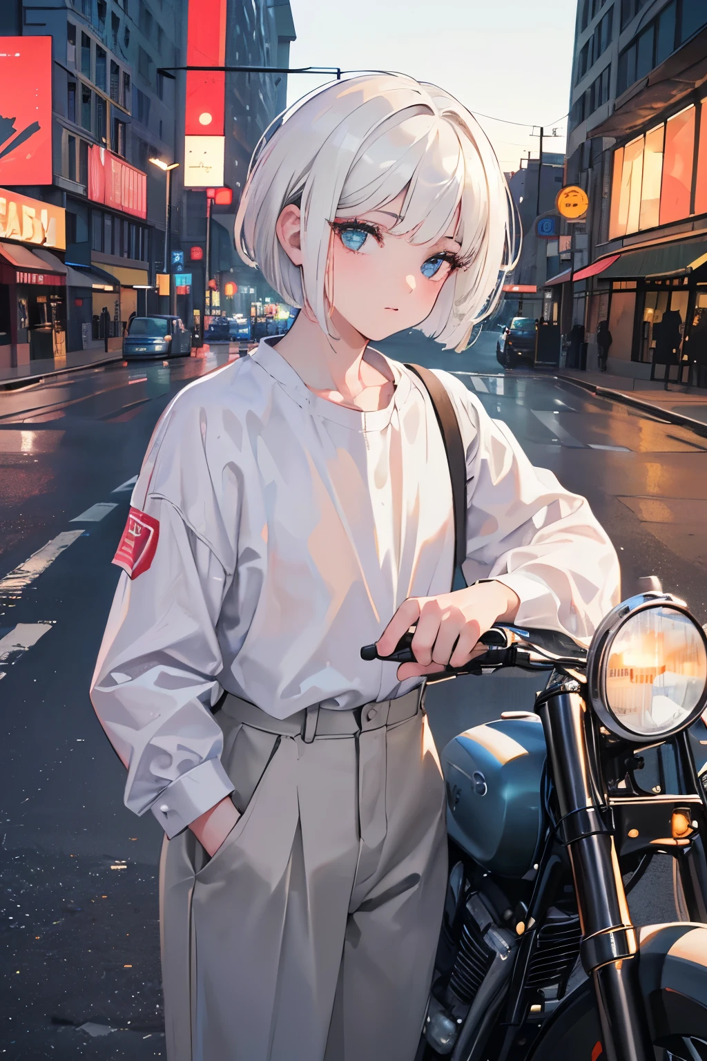 "(best quality,4k,8k,highres,masterpiece:1.2),ultra-detailed,(realistic,photorealistic,photo-realistic:1.37),illustration,retro style,white hair,short bob hair,beautiful boy,14 years old,vintage clothing,cool posture,urban night scene,neon lights,retro white large motorcycle"
