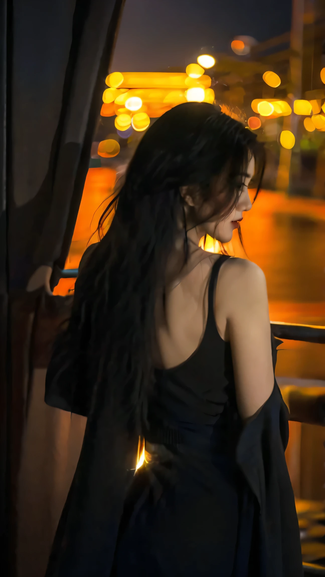 "A young woman's silhouette is framed against the vast expanse of the night sea, her back to the camera as she faces the rolling waves. The moonlight catches the whitecaps, creating a dramatic contrast between light and dark. The image should be rich in detail, with the texture of her hair and clothing visible in the soft, cool breeze."