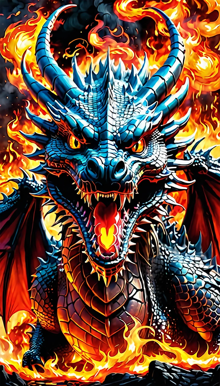 Create a realistic image of a large dragon in the middle of hell., He opened his mouth and spewed out lava, burning his eyes and ears and spewing flames out of his mouth..