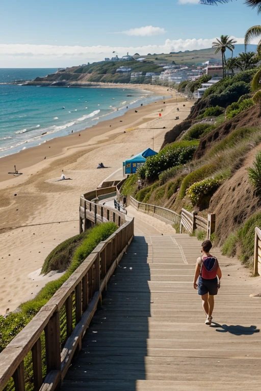 create the image of the English beach on a well-lit sunny day where the perspective of the beach with many people sunbathing and sea is seen. Behind these people, heading towards the condominiums that line the beachfront, you can see a wooden deck with various gym equipment., quiosques de venda de bebidas e comida, as well as market stalls and large-scale art exhibitions. este deck deve se estender por toda a orla da praia. ou seja ele deve representar uma via de caminhada entre a praia e os edicios. The perspective direction should be area, as if you were looking from the sea towards the beach sand. as pessoas devem estar caminhando por este deck de madeira que se estende por toda a orla.
