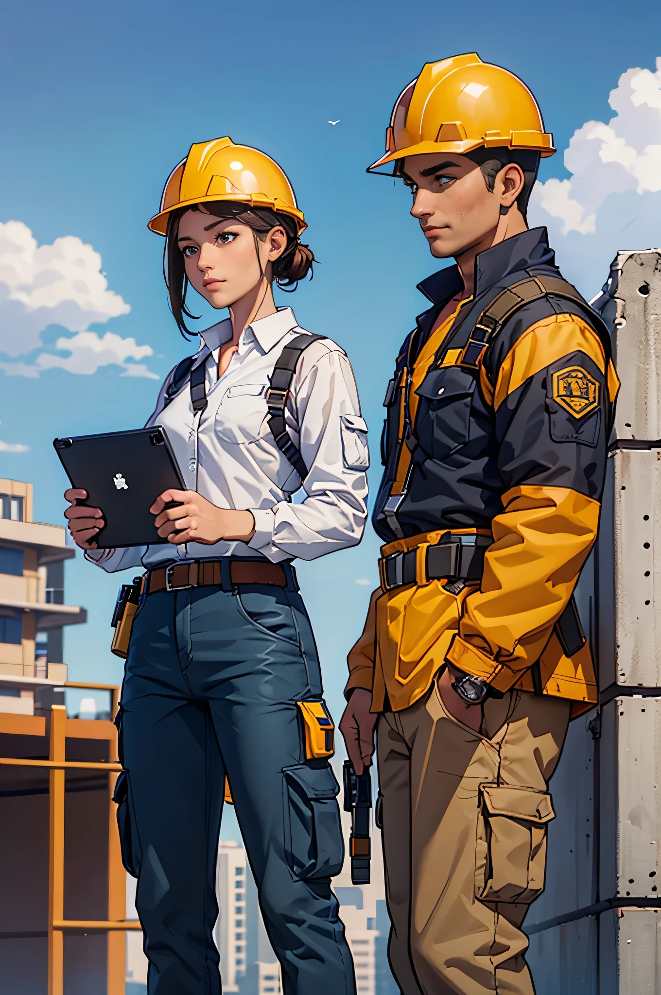 (highest quality, High resolution), Girl working at construction site, Long sleeve shirt, cargo pants, Safety helmet, Work Belt, Height Safety Harness, Checking the progress of construction work on a tablet device ,a man in a suit wearing a Safety helmet for a meeting, Under the blue sky