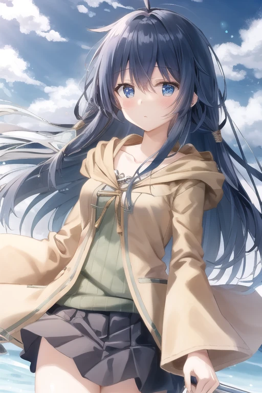 masterpiece, best quality, Ultra-high quality CG, Elijah I, 1 girl, Solitary, Long hair, Looking at the audience, skirt, shirt, Long sleeve, Keep, Hair between the eyes, Medium breasts, Keep your mouth shut, clavicle, Cowboy shooting, pleated skirt, Open your clothes, hood, Wide sleeves, black skirt, Blue Background, hood down, staff, robe, green shirt, Keep staff, Monster duel, ribbed shirt, open robe, hooded robe
