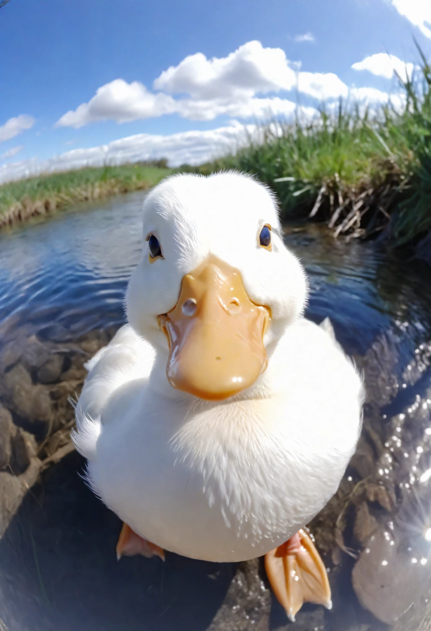 Visualize a full-body image of a white duckling, its mouth open and smiling as it looks directly at the audience.
The duckling should be situated at the edge of a clear stream, surrounded by a serene and natural setting.
The perspective should be captured using a fisheye lens, emphasizing the duckling’s joyful expression and the surrounding environment.
The background should feature a bright blue sky with fluffy white clouds, enhancing the peaceful and idyllic atmosphere of the scene.