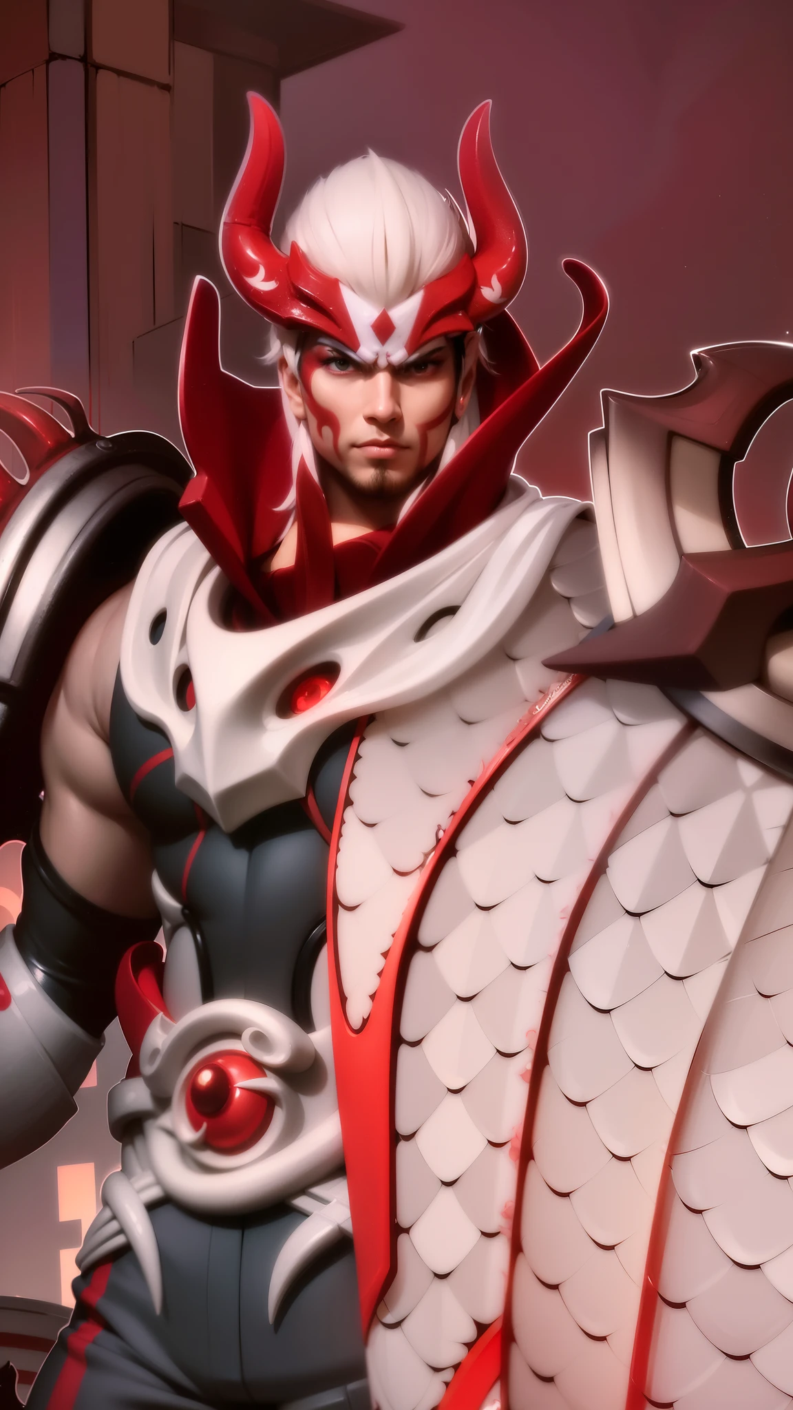 a close up of a man with a red and white costume on, onmyoji portrait, dota 2 concept art, painted portrait of mordekaiser, onmyoji detailed art, inspired by Huang Shen, dota character, dota 2 hero, hero from dota 2, onmyoji, 8k hd wallpaperjpeg artifact, 8 k hd wallpaperjpeg artifact, Best quality, masterpiece, detailed skin texture, detailed clothes texture, detailed face, super detail, 8k, intricate detail, 1 boy, The color doesn't change, Muscle guy, 1 guy, red eyes.