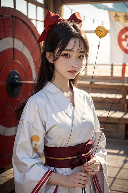 18 years old、woman、whole body、Evil Smiley Face, Red eyes, Iris, Pupil orange、Holding a bow at the archery range、White yukata