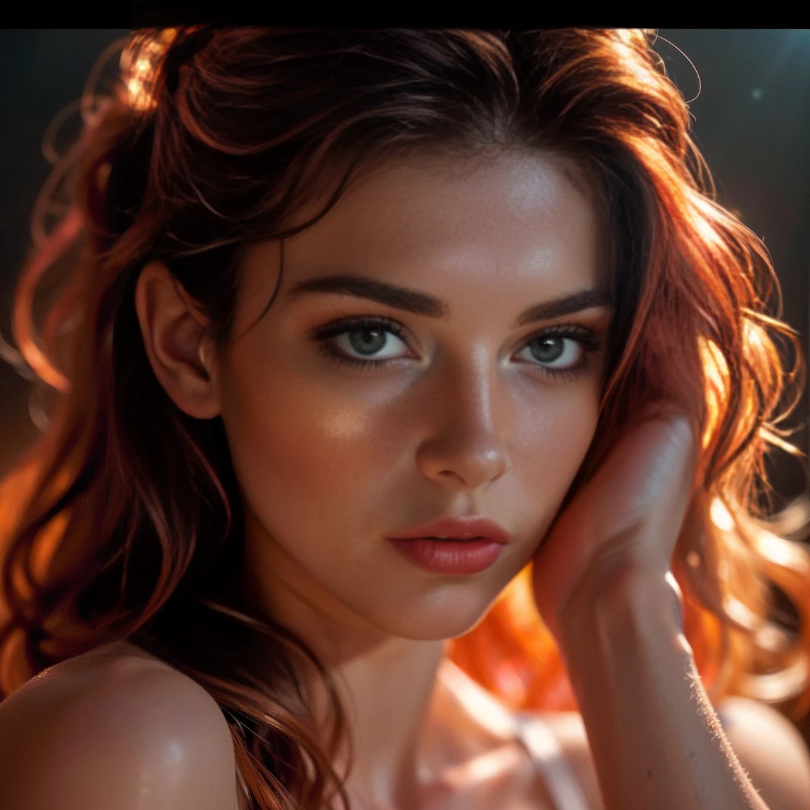 (((ultra realistic))) Photo, masterpiece, top quality, (pale skin), (Ultra detailed face and eyes:1.3), 1 girl, Adult, In Lifchik, ((Eye makeup, pink mascara)), ((large detailed lips)), ((pink wavy hair)), ((Stylish hairstyle)) , (Natural breasts), Slim waist. ((Posing, Hand on face)), photoshoot, Studio soft lighting, (The play of light and shadows), depth of field, bokeh, (special attention to skin detail: 1.2), Detailed leather texture, skin pores. (Warm atmosphere of the frame. color scheme - black, Red, Yellow, orange tones), ((by Max Twain)) , UDR, ((Film grain)), ((rays)), (Glare), ((waist up portrait, close to the camera)) , ultra detialed, 