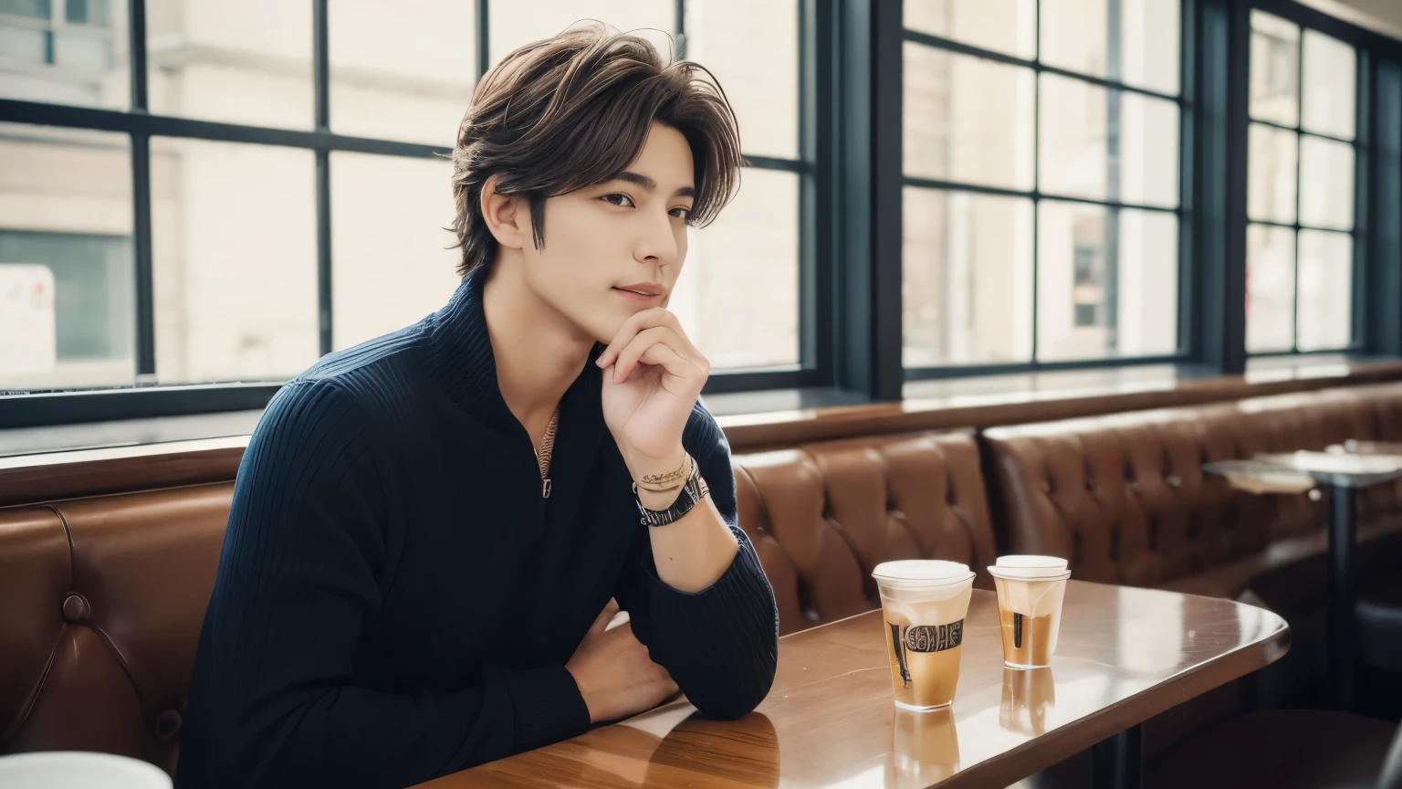 musician、A refreshing, handsome man in his 40s、(Super cool S-class guy)、Japanese Male, 40 years old、、Photo taken in a cafe、a handsome guy、(CG Unity 8K high resolution photo)、(Very detailedSクラスのa handsome guy性)、(Realistic)、(highest quality))、Very detailed、super high quality、expensive、audience、kind person、Very beautiful hair Perm Hair、Bright photo、Handsome like a model、Handsome like an idol、Looking at the camera、inside a stylish cafe、Stubble、Open Cafe、Cafe Terrace