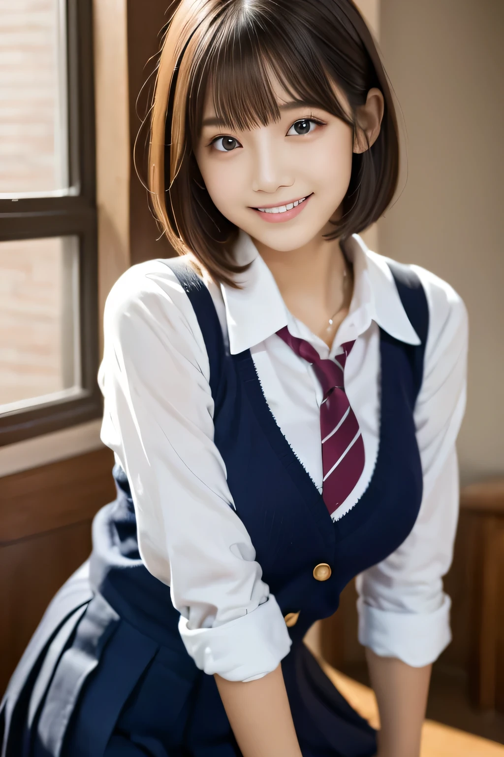 (masterpiece,highest quality,超A high resolution),Japanese women, (((Very cute 16 year old girl))), View the photographer, Front view, ((Bobcut)), Super cute face, Glossy lips, Double eyelids on both eyes, Focus your eyes, Natural Makeup, bangs, Shiny and smooth light brown wavy hair, (((Upper body close-up))), Large Breasts, Perfect limbs, Perfect Anatomy, (((One piece high school uniform:1.3))), ((Smile)), Night room, (Show off your slim thighs:1.3), ((Include the whole face and focus on the chest:1.2)), View your viewers, (Strike a cute pose:1.4), Perfect and natural fingers,