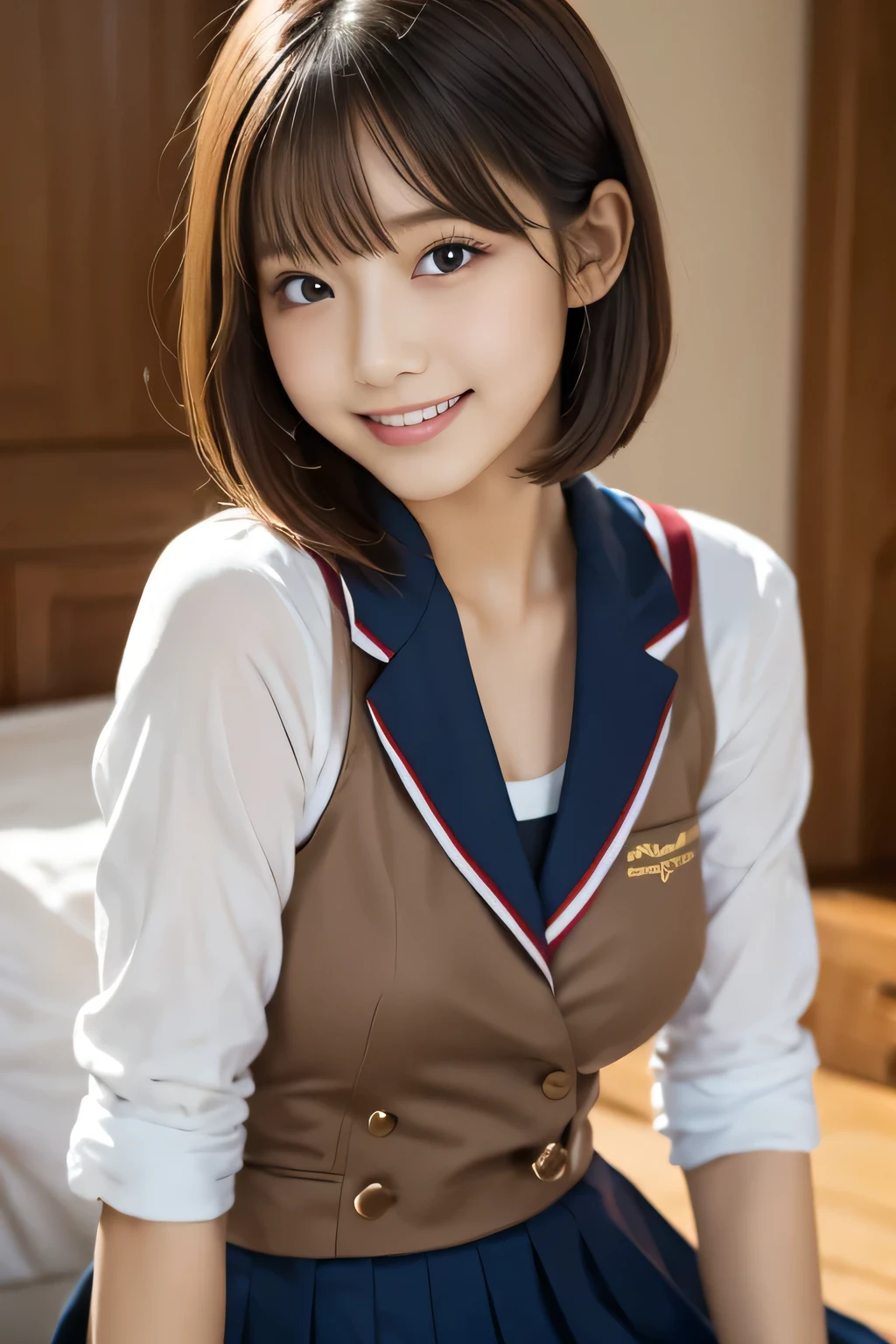 (masterpiece,highest quality,超A high resolution),Japanese women, (((Very cute 16 year old girl))), View the photographer, Front view, ((Bobcut)), Super cute face, Glossy lips, Double eyelids on both eyes, Focus your eyes, Natural Makeup, bangs, Shiny and smooth light brown wavy hair, (((Upper body close-up))), Large Breasts, Perfect limbs, Perfect Anatomy, (((One piece high school uniform:1.3))), ((Smile)), Night room, (Show off your slim thighs:1.3), ((Include the whole face and focus on the chest:1.2)), View your viewers, (Strike a cute pose:1.4), Perfect and natural fingers,