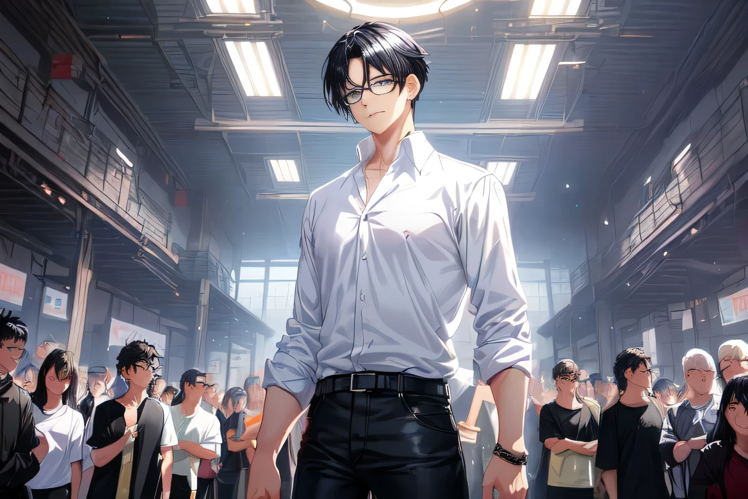 anime boy with black hair and glasses standing in a crowd, Artwork in the style of Guweiz, Tall anime man with blue eyes, Anime style, Young anime man, Digital anime illustration, inspired by Yanjun Cheng, anime boy, Anime style, Smooth anime CG art, Anime handsome man, Anime portrait of a handsome man, Aesthetic award-winning anime，(Training Hall)，(indoor)，Black short hair，White shirt，Blue Jeans,Fell，Injuried，，pain