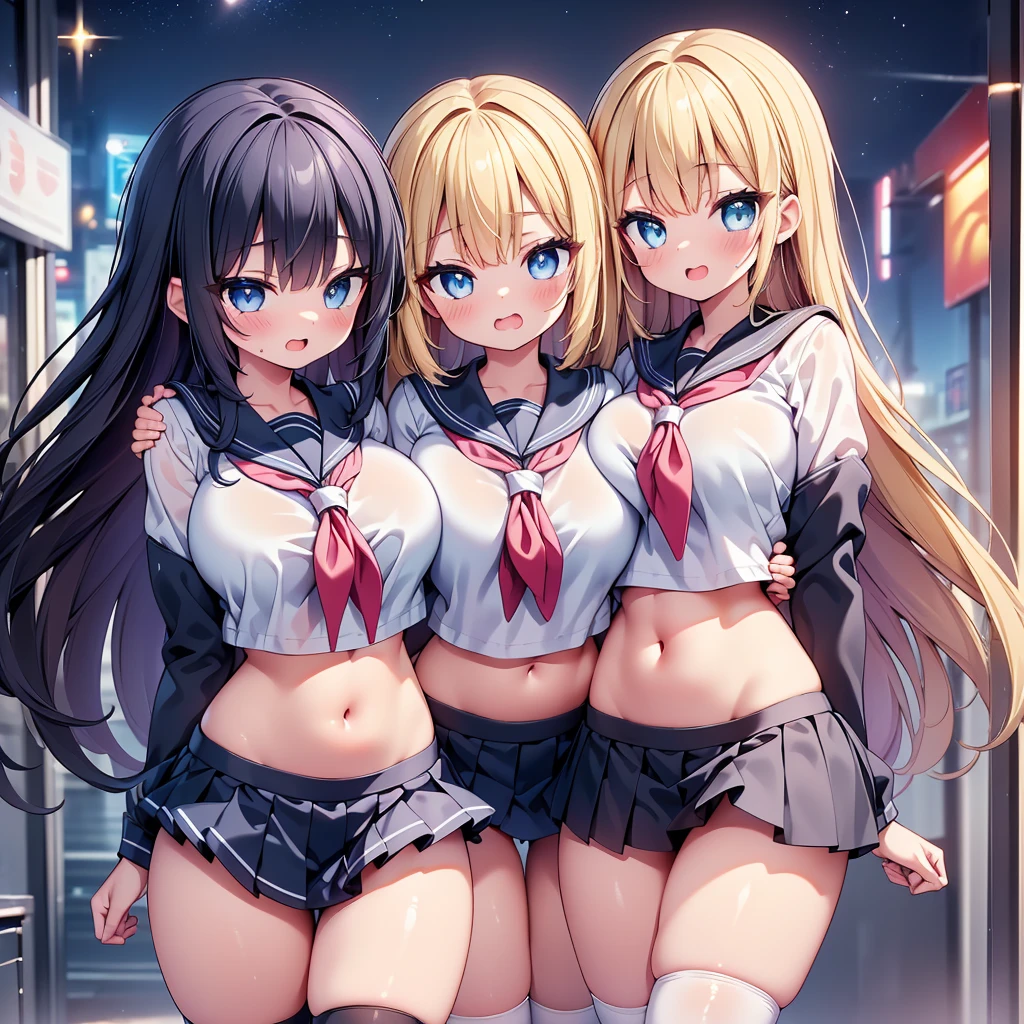 (cute eyes:1.2), (sparkling eyes:1.2), highest quality,wonderful,finely,extremely detailed CG Unity 8K wallpaper, (Stand in line:1.2), (3 girls, sailor uniform, clothed), (glamorous:1.3), (huge breasts), (open mouth:1.1), (long tongue:1.1), (mouth drool:1.1), (Black knee socks:1.1),(Thighs:1.3),(Waistline:1.2),(midriff peek:1.2)