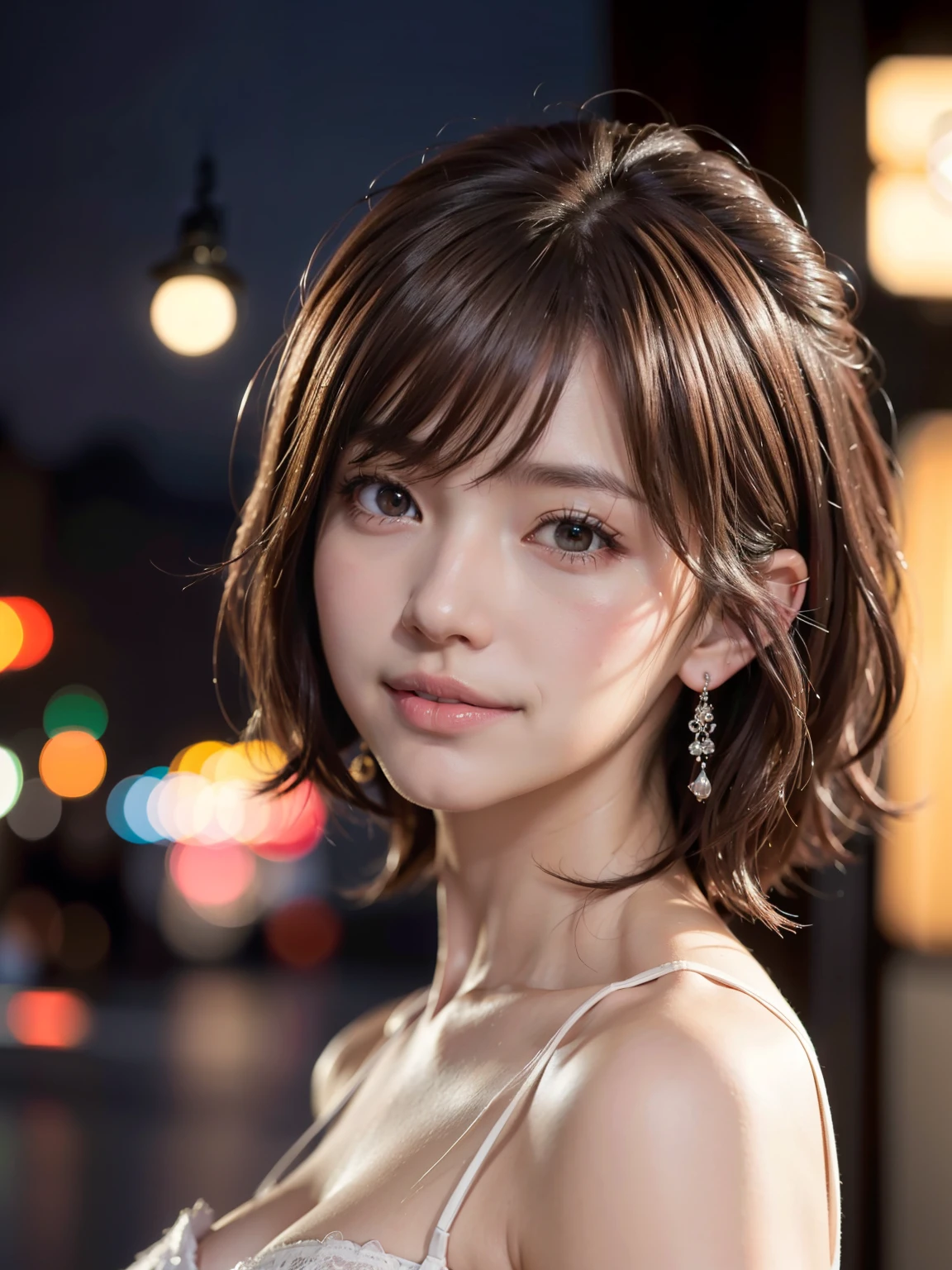 1 Japanese idol, (Raw photo, Best Quality), (Realistic, Photorealsitic:1.4), masutepiece, extremely delicate and beautiful, Extremely detailed, 8k wallpaper, amazing, finely detail, extremely detailed CG Unity, hight resolution, Soft light, Beautiful detailed 25 year old, extremely detailed eye and face, beautiful detailed nose, Beautiful detailed eyes,Cinematic lighting,city light at night,Slender,Smiling, (medium hair, hair messy, asymmetrical bangs, light brown hair), higuchi_madoka