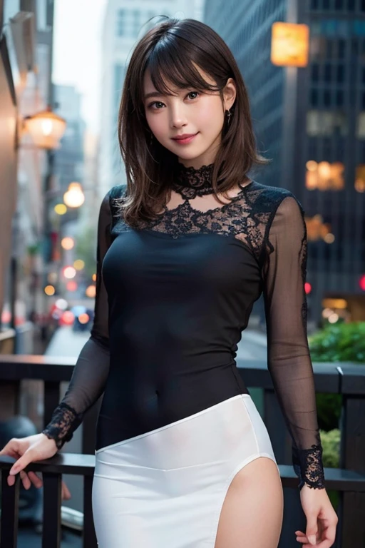 (8k、RAW Photos、highest quality、masterpiece:1.2)、(Realistic、Realistic:1.37)、Very detailed、超A high resolution、1 girl、View audience、Beautifully detailed face、Laughter、narrow、(Tight waist) :1.3)、Transparent black body tights style night dress、Transparent and open chest、beautifully detailed skin、Skin Texture、Floated hair、Professional Lighting、Grey Hair、Spring cityscape、A kind smile