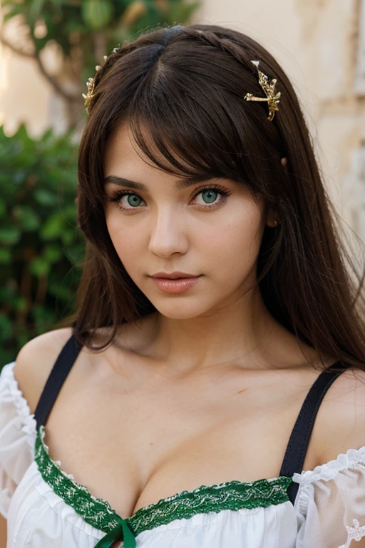 brunette warrior with generous shape and green eyes Algerian lolita style