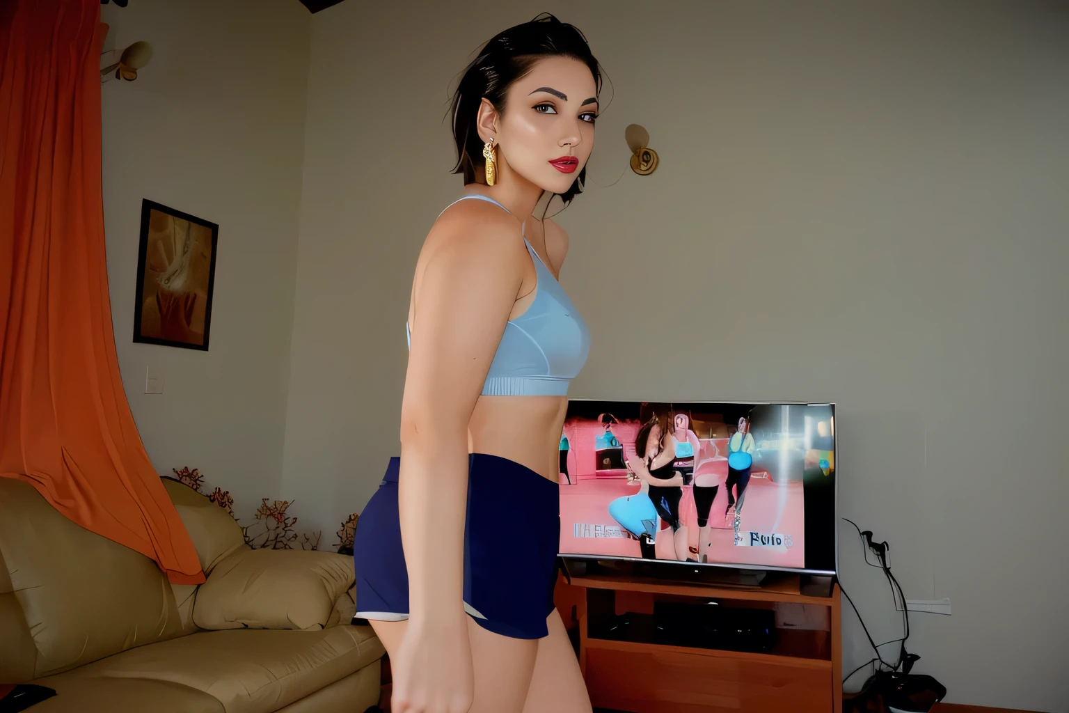 woman in blue shorts and mixed gray top, in front of a television, sports bra and dark blue shorts, sports bra and shorts, fitness body, 4k, dancing in the background, working out, training, attacking the camera: 4, toned backside, doing a cheeky pose, with the middle of the waist up, extremely hot and sexy.
back photo, toned back, back photo, from behind. Beautiful woman, slim back, 38 years old, pretty woman, dark brown eyes, ((beautiful slim woman, 38 years old, hair color [black hair], hair [pixie cut])), earrings, lips, realistic, slim waist , charming, pink lipstick, colorful makeup, long chosen, earrings, wears eyeliner, fair skin, (sexy), (detailed face), detailed eyes, detailed iris, sexy look, looking at the viewer, (hot), beautiful body and soft, voluptuous woman, crop top, thong, shorts, ((full body))