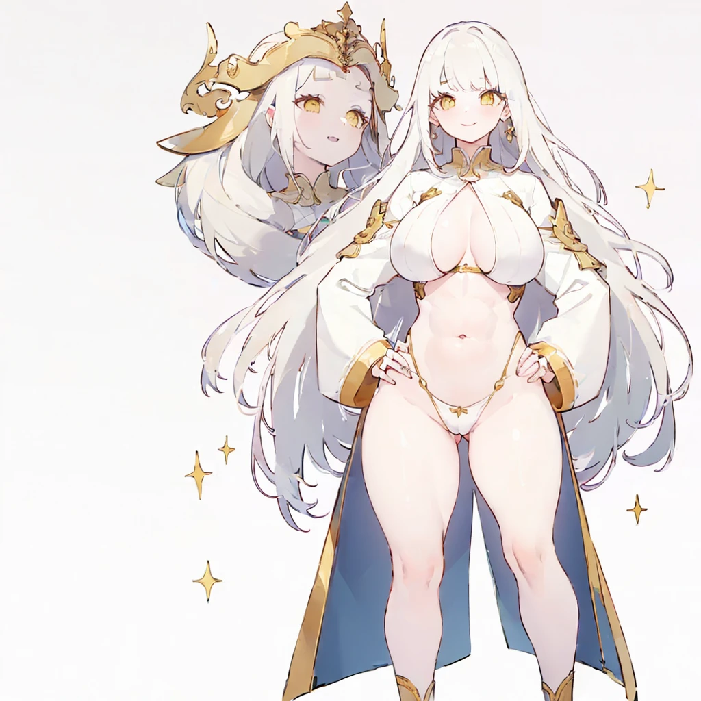 (((Plain background 1:2))) (masterpiece, high quality: 1.1) 1girl full body standing, hairstyle with a braid, white colored hair, yellow eyes, perfect lighting, muscular, thighs, mature woman, mummy, bellybutton, abs, looks at the viewer smile RED CHEEKS, extremely huge breasts, maternal, porcelain skin, extra very long hair, sparkly skin, good face, chest cover, HANDS ON HIPS