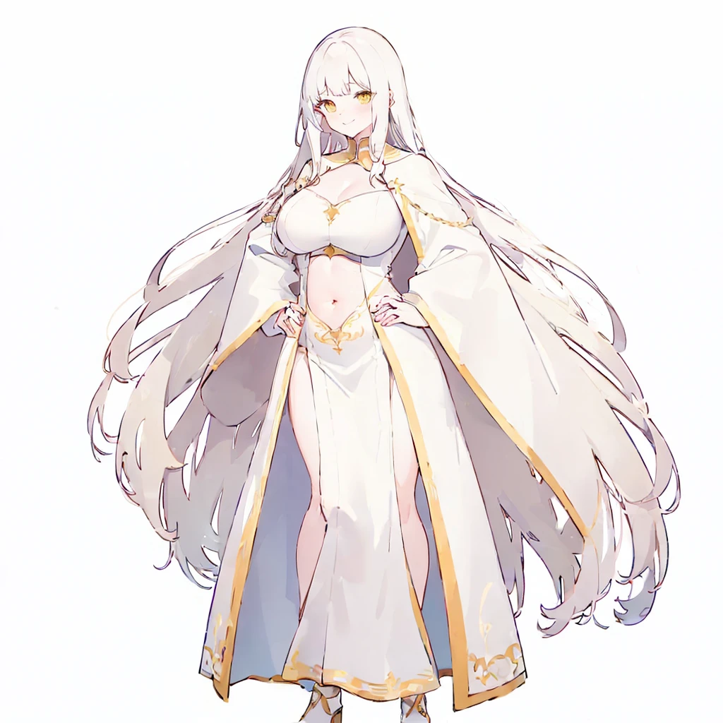 (((Plain background 1:2))) (masterpiece, high quality: 1.1) 1girl full body standing, hairstyle with a braid, white colored hair, yellow eyes, perfect lighting, muscular, thighs, mature woman, mummy, bellybutton, abs, looks at the viewer smile RED CHEEKS, extremely huge breasts, maternal, porcelain skin, extra very long hair, sparkly skin, good face, chest cover, HANDS ON HIPS