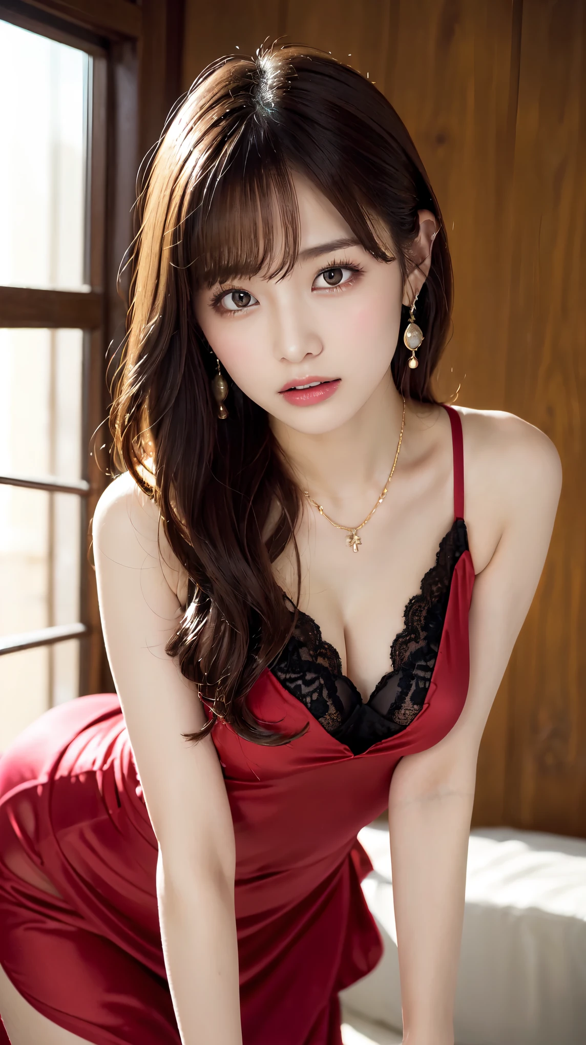 Hotel Rooms, 1 female, Beautiful Japanese actresses, Age 25, Double Eyes,mile, Detailed face, Big earrings,Large Necklace, Flashy makeup using red eyeshadow,light brown delicate middle cut hair,the tips of the hair are wavy,Classy hairstyle,fine grain,Slender actress, Sexy silk embroidered mermaid dress:1.2, Small hips, Side Bust Barbosa, (Butt crack, Bare waist, Bare back:1.3),crawl on all fours on the floor, slouch, Stick your butt out high, Exposing shoulders, Anatomically correct leg position, BREAK ceremony,((Masturbating violently:1.5)), ((Random sexy poses、Insert、Deep pleasure, Ecstatic eyes:1.2)), ((I close my eyes and gasp hard:1.2))、Ecstatic face、Climax expression, Grit your teeth、My whole body is convulsing、Official Art,Highly detailed CG Unity 8k wallpaper, (masterpiece:1.0),(highest quality:1.0), photo shoot, 8k, Browsing Caution, High resolution, Kodak Portrait 400, Film Grain, Lens flare brilliance,View your viewers, Side view