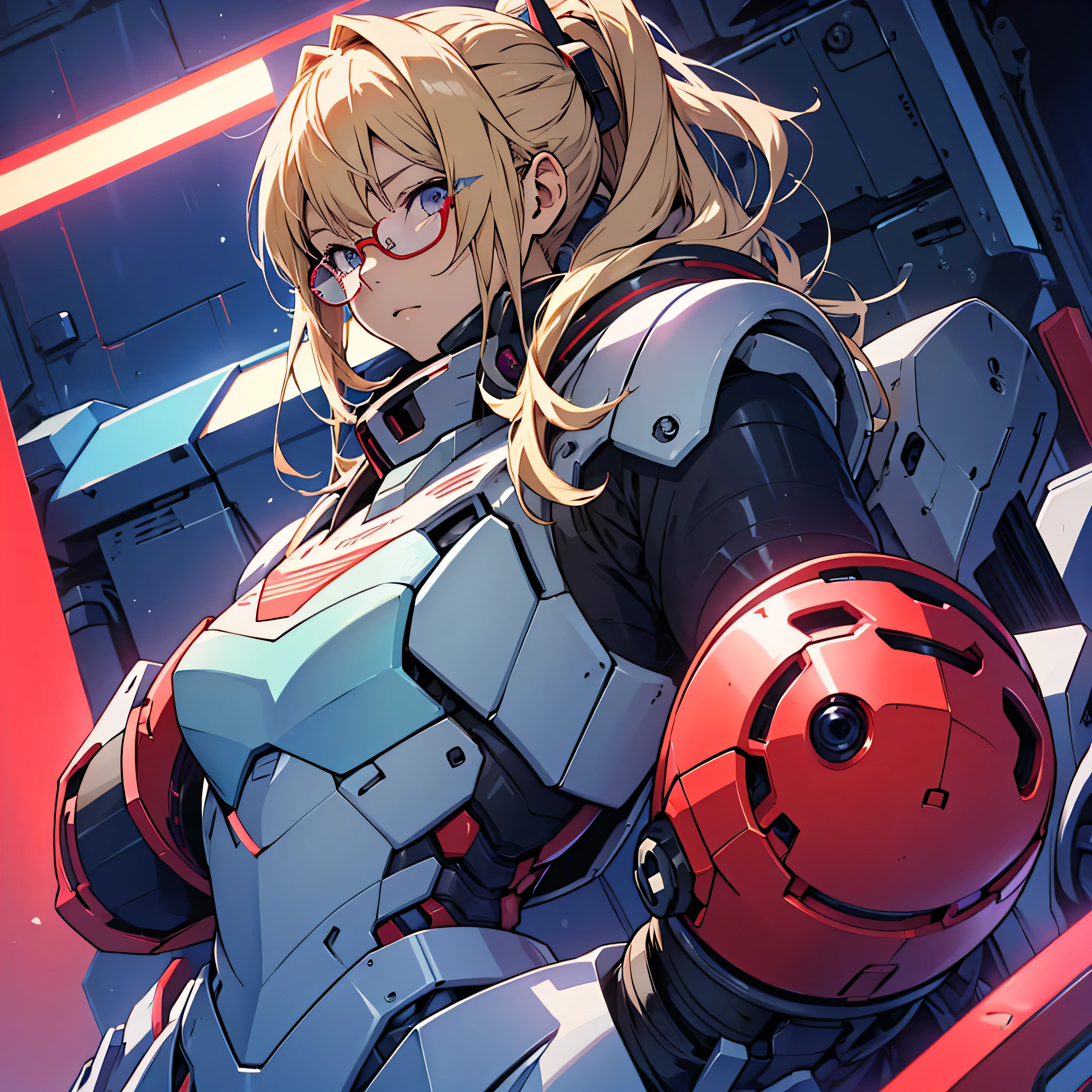 anime An illustration robot Mobile Suit The first one Dark purple Dom Light blue check dress Red glasses Blonde Light blue mesh beautiful girl Sora Sakurano clear one person