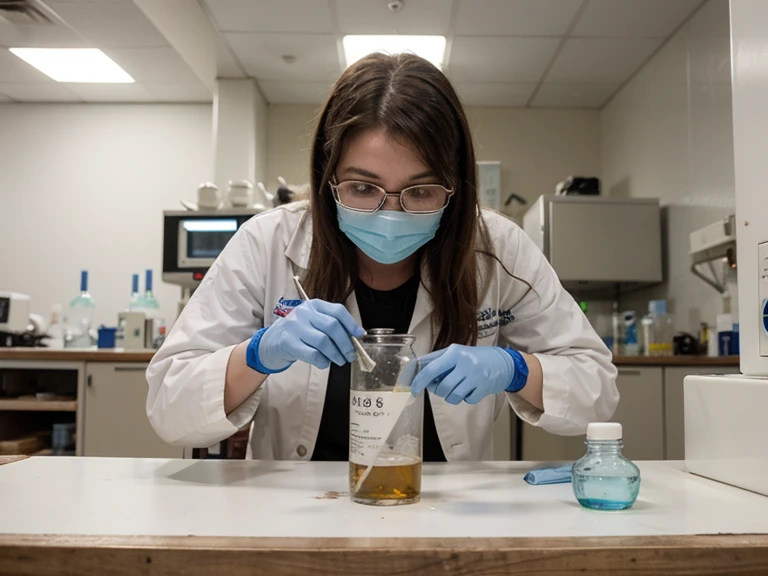 Create a picture that is presented with the laboratory work. Workers wear safety protective equipment, white long-sleeved laboratory coats, blue masks, white head coats and transparent glasses. Workers are observing chemical solution in the bakerglass and also observing bacteria in a microscope. The background is a laboratory room which looks clean and orderly. There are various analytical equipment such as burret, distillator, microwave oven, desiccator, flask, fumehood, autoclave, and spindle flocculator test jar.