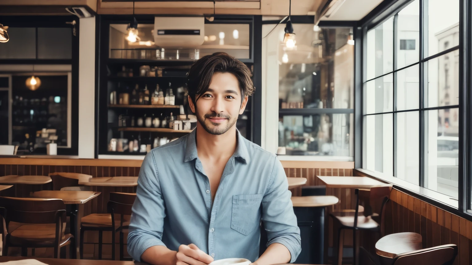 musician、A refreshing, handsome man in his 40s、（Super cool S-class guy）、Japanese Male, 40 years old、、Photo taken in a cafe、a handsome guy、（CG Unity 8K high resolution photo）、（Very detailedＳクラスのa handsome guy性）、（Realistic）、（highest quality））、Very detailed、super high quality、expensive、audience、kind person、Very beautiful hair　Perm Hair、Bright photo、Handsome like a model、Handsome like an idol、Looking at the camera、inside a stylish cafe、Stubble、Open Cafe、Cafe Terrace、The cafe is bustling with customers enjoying themselves.