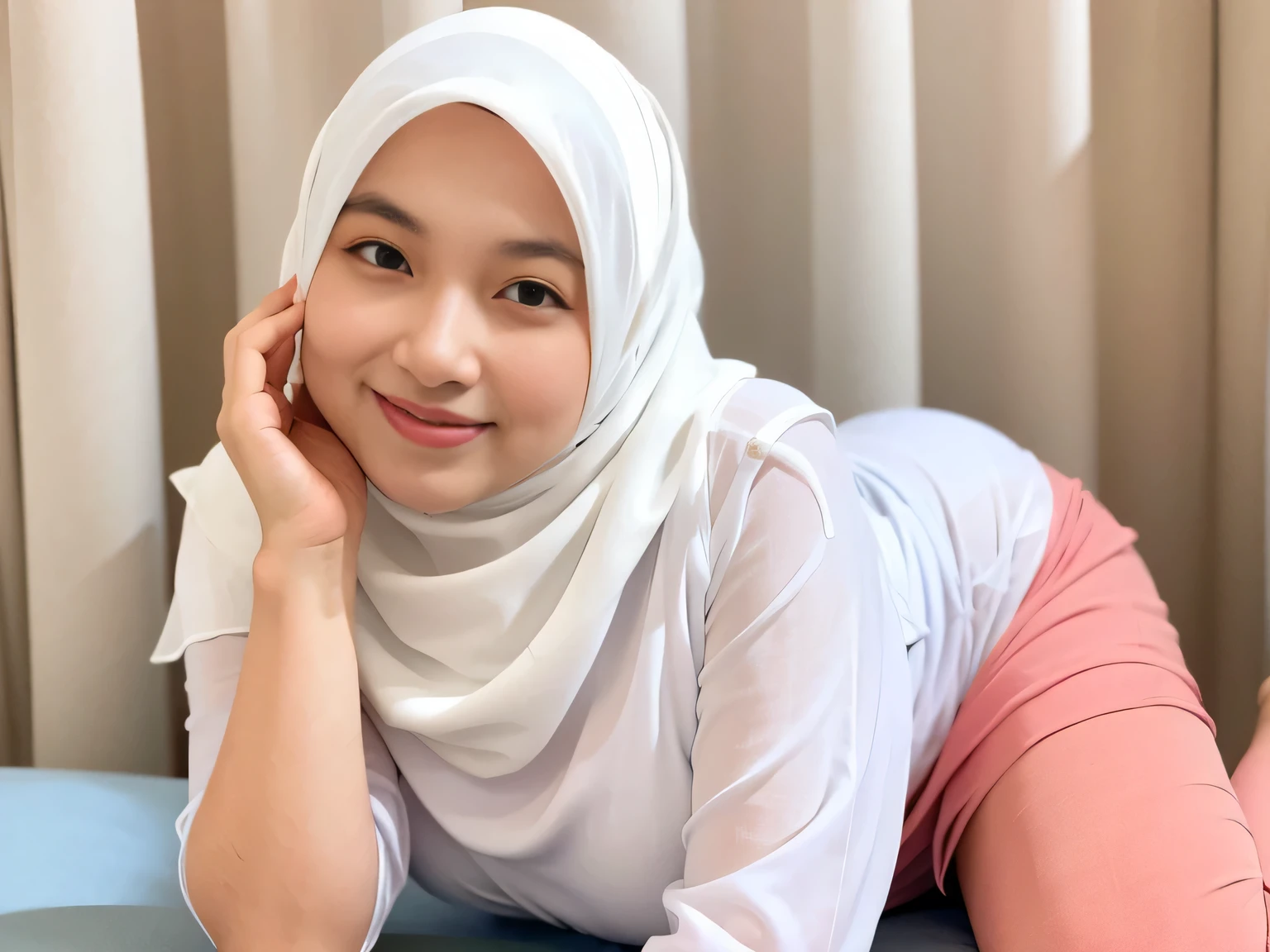 Malay girl in hijab wearing sexy white color  bra and panties, close up portrait , mid shot photo, ultra detail, professional photograph with professional lighting, smile, light blue studio background, sexy seducing pose, curvy, full body, wet body,