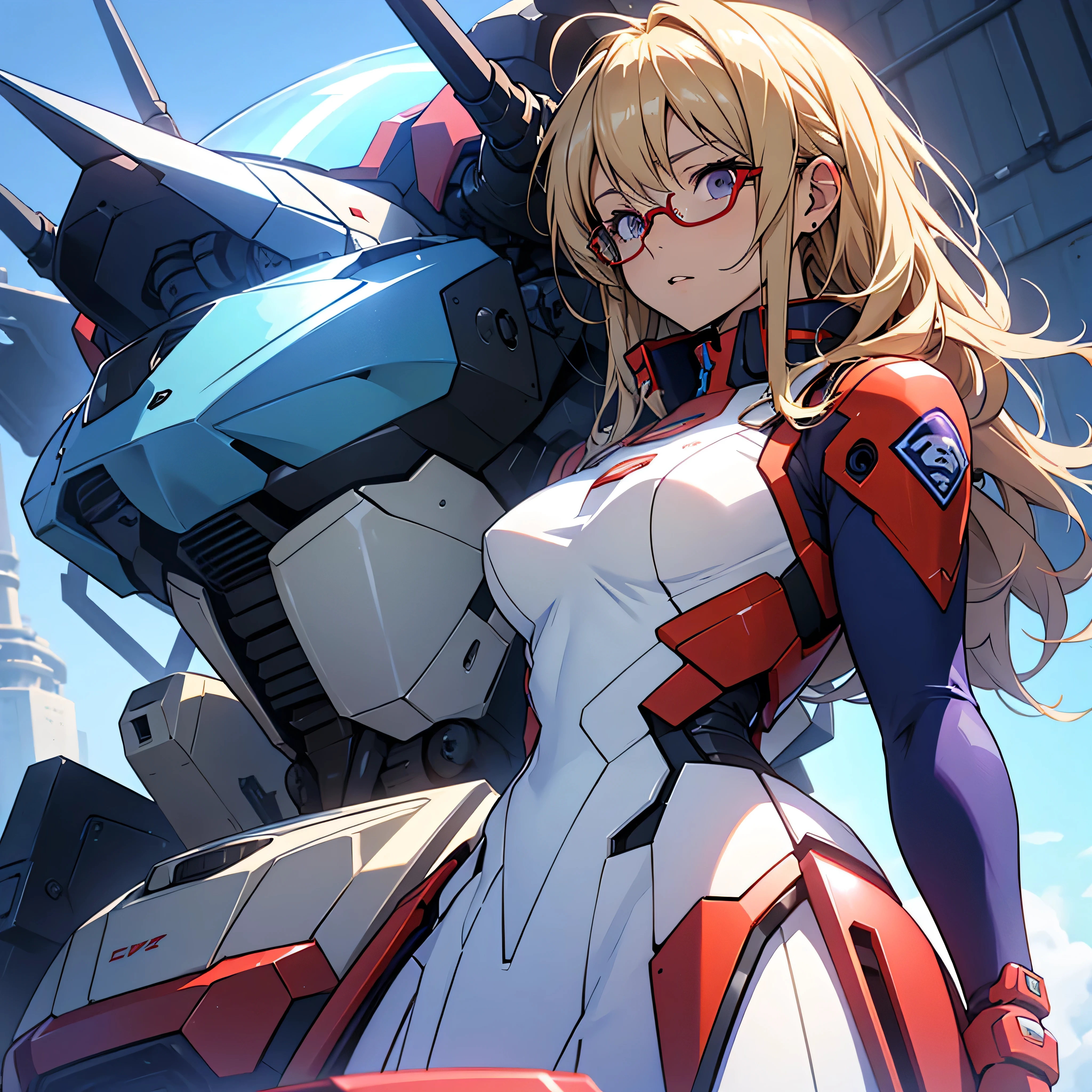 anime　An illustration　robot　Mobile Suit　The first one　Dark purple　Dom　Light blue check dress　Red glasses　Blonde　Light blue mesh　beautiful girl　Sora Sakurano　clear　one person　