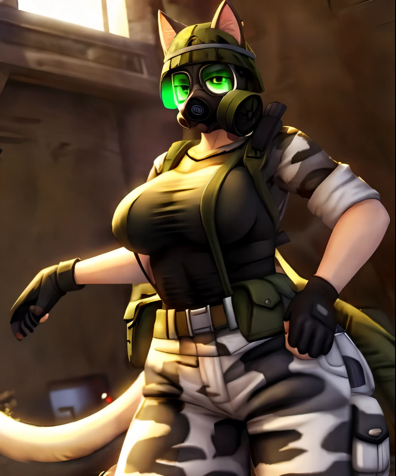masterpiece:1.2, best quality, extremely detailed face:1.4, highly detailed eyelash:1.6, highly detailed eyes, sharp details, adrian_shephard, female focus, cat ears, cat tail, standing, (green olive t-shirt, camo long pants), gas mask, glove, helmet, huge breasts, wide hips, thick thighs, huge ass, nipple outline,